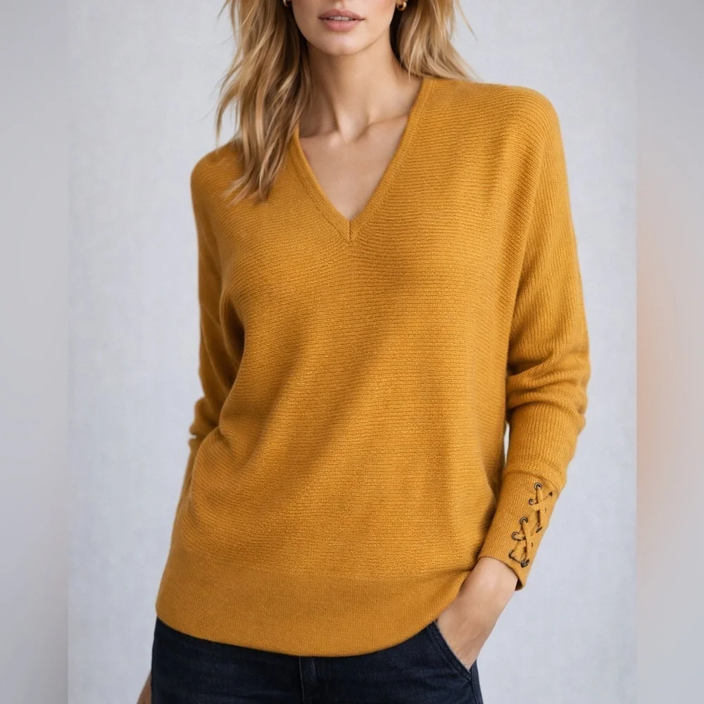 Tribekka 44 Mustard Ribbed V-Neck Sweater Lace-Up Sleeve Detail Size L(1243) - Picture 1 of 14
